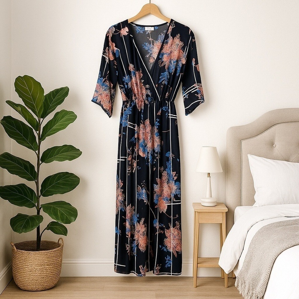 NWT Flying Tomato Jumpsuit Womens XS Black Floral Stripe Wrap Kimono Sleeve Boho